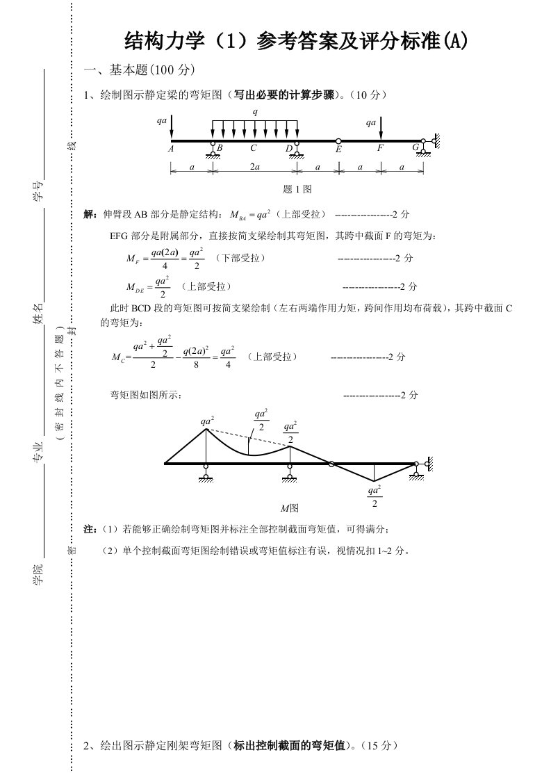 结构力学1试题A2024参考答案