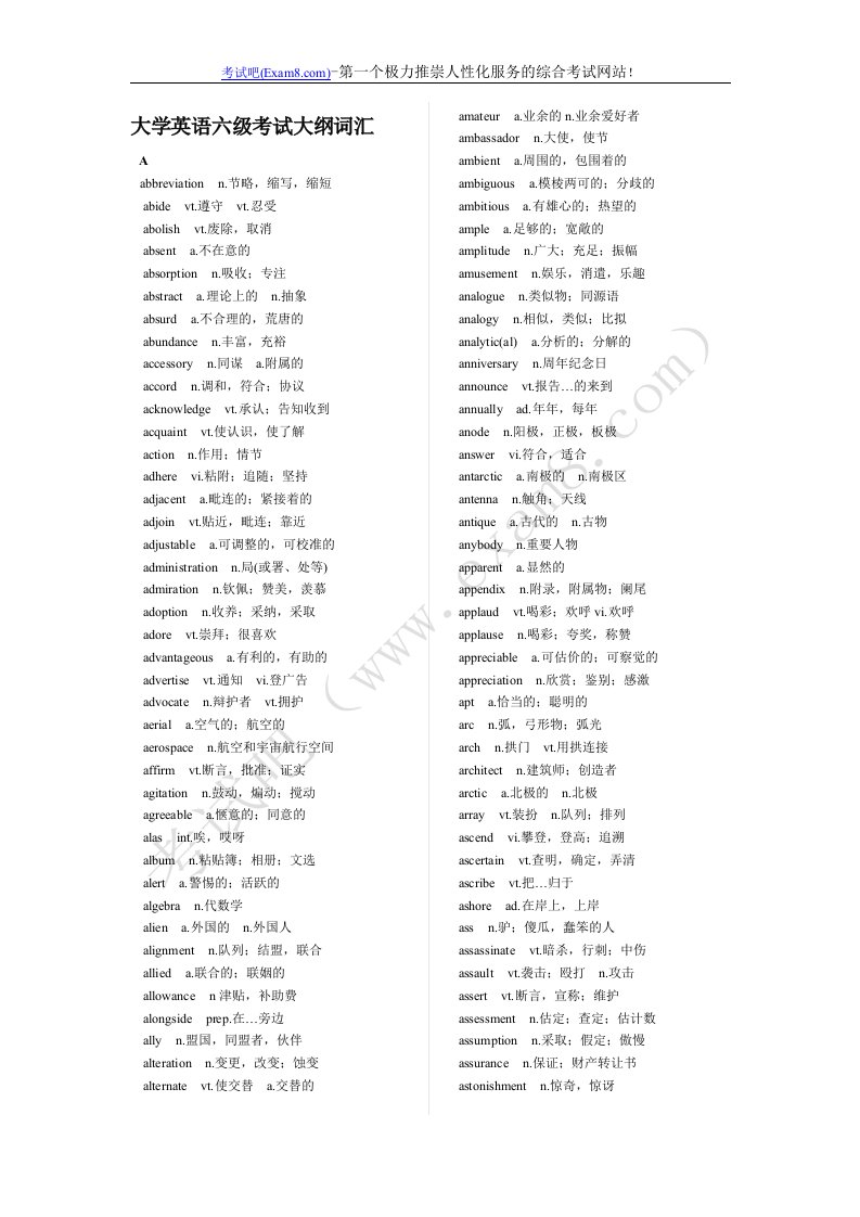 大学英语六级考试大纲词汇