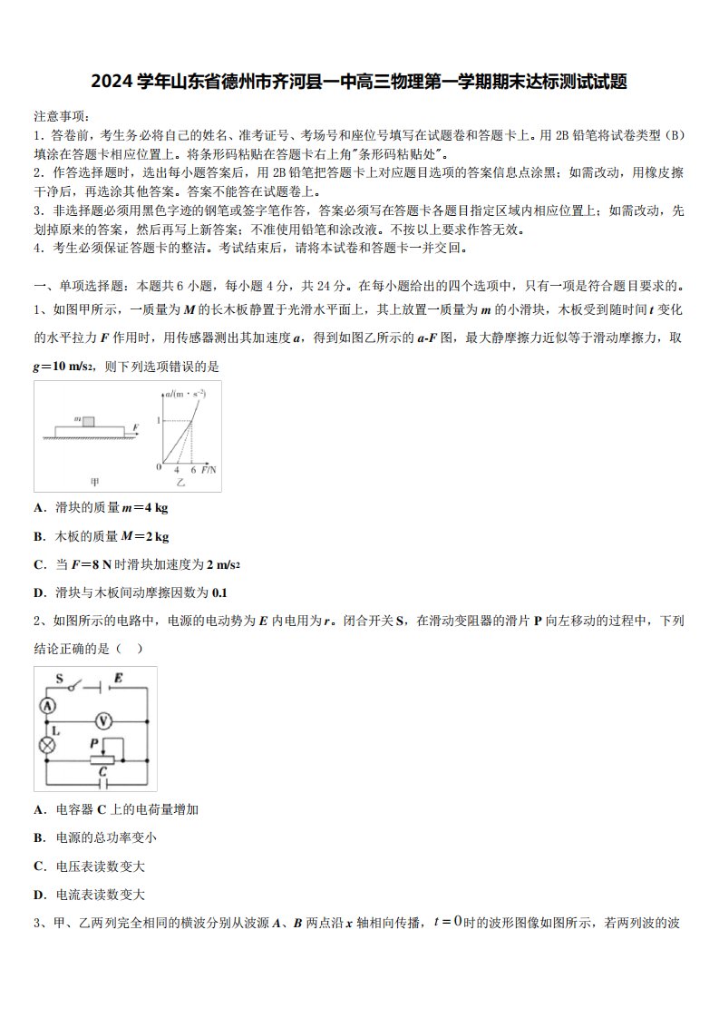 2024学年山东省德州市齐河县一中高三物理第一学期期末达标测试试题含