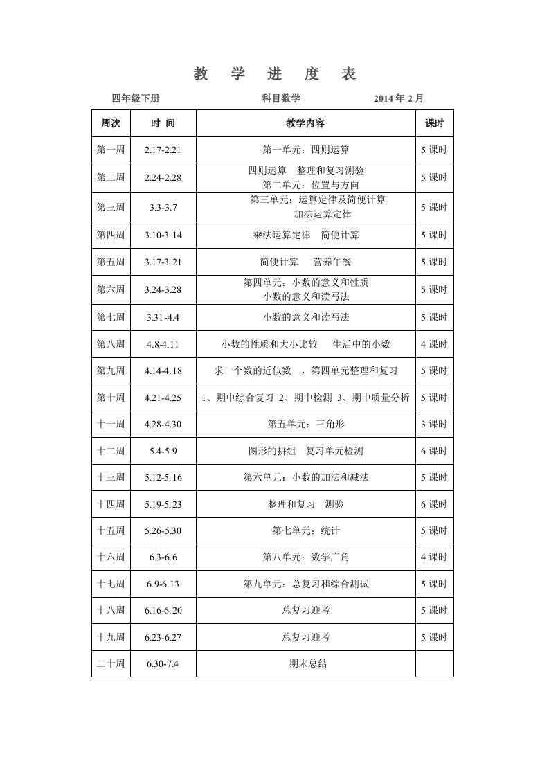 人教版小学四年级数学下册教学进度表