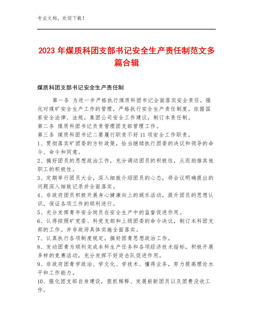 2023年煤质科团支部书记安全生产责任制范文多篇合辑