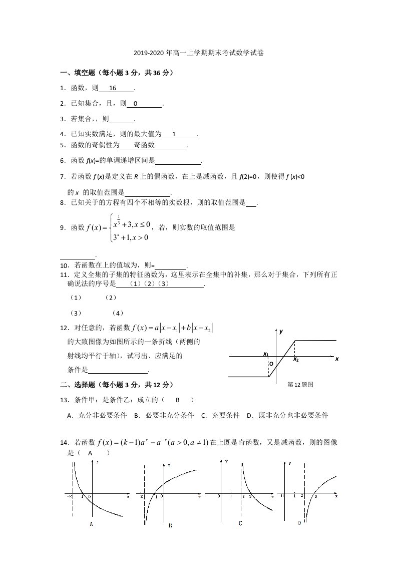 2019-2020年高一上学期期末考试数学试卷