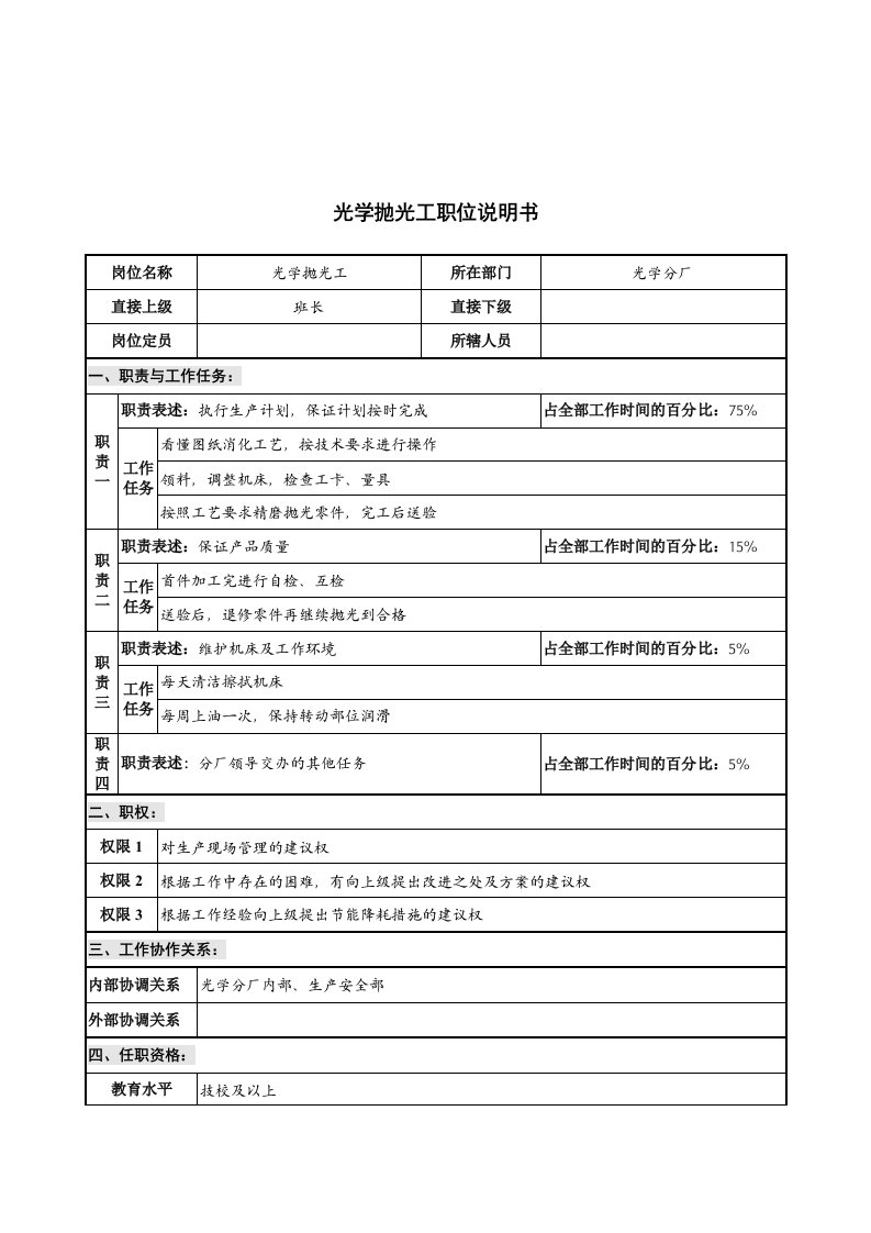 华北光学仪器公司光学分厂光学抛光工职位说明书