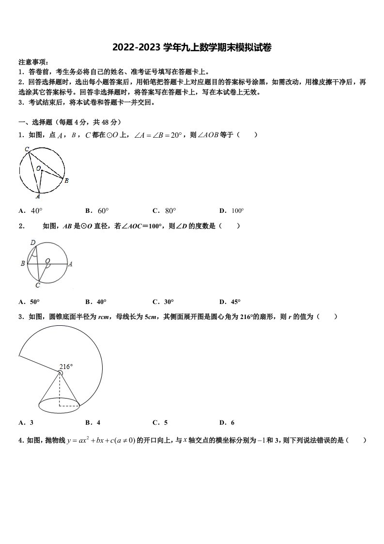 2023届吉林省长白县联考数学九年级第一学期期末考试模拟试题含解析