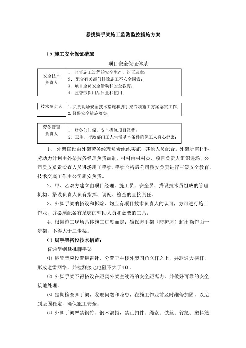 悬挑脚手架施工监测监控措施方案