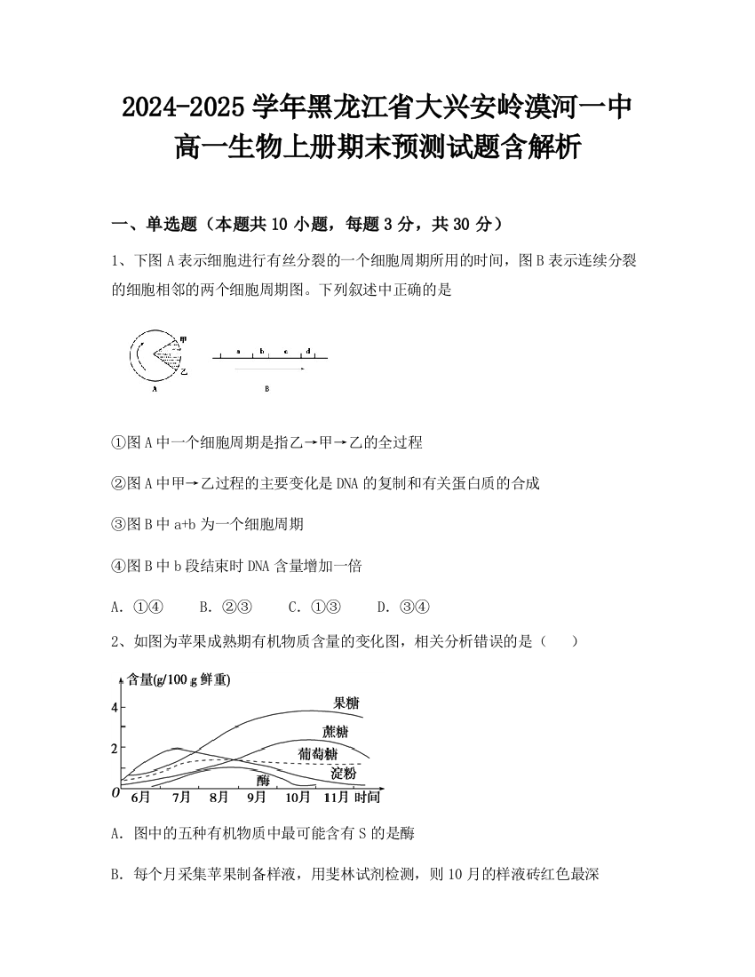 2024-2025学年黑龙江省大兴安岭漠河一中高一生物上册期末预测试题含解析