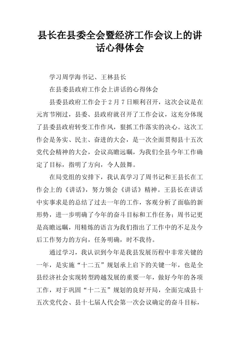 县长在县委全会暨经济工作会议上的讲话心得体会