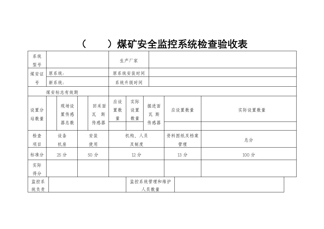 煤矿安全监控系统验收表