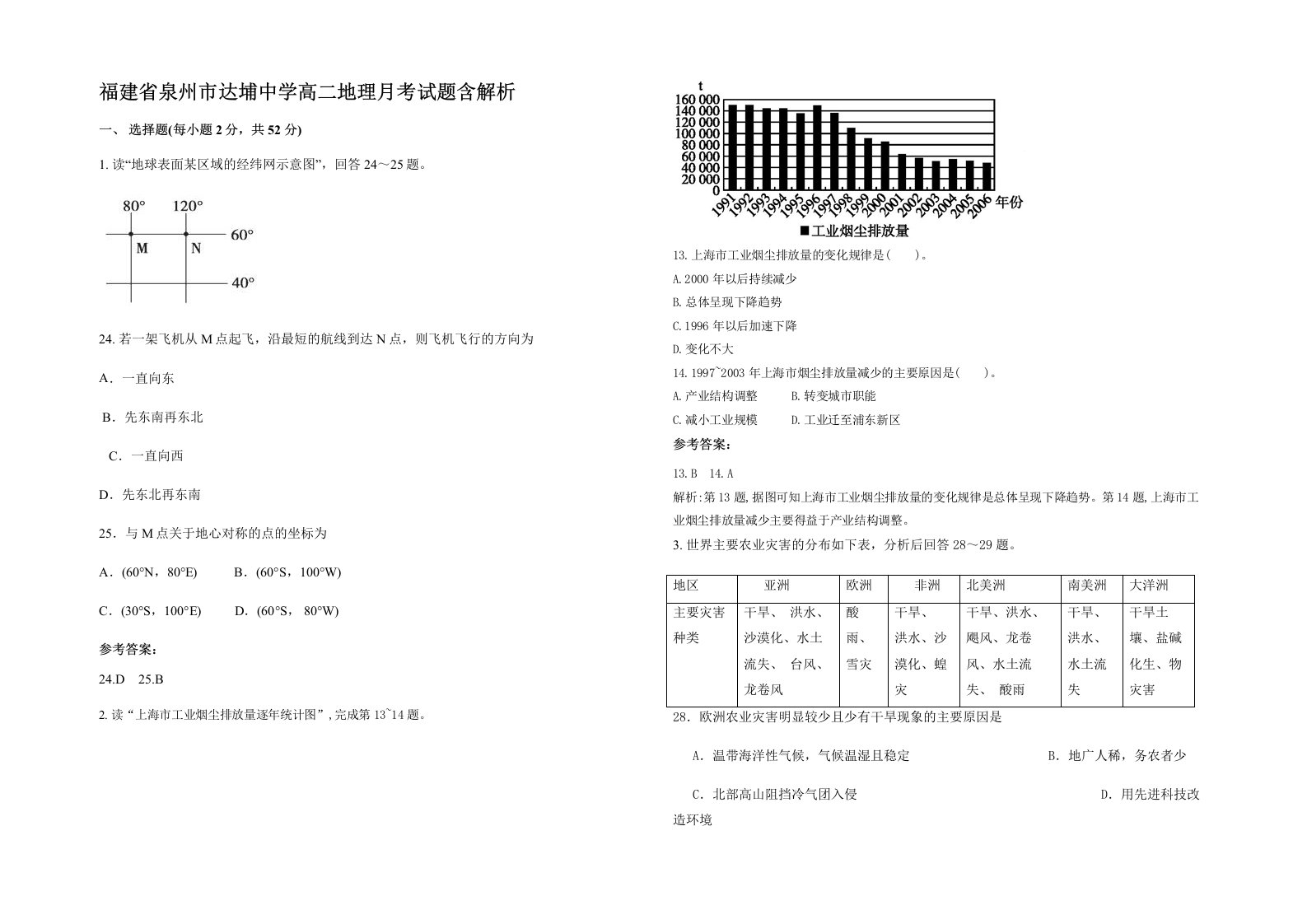 福建省泉州市达埔中学高二地理月考试题含解析