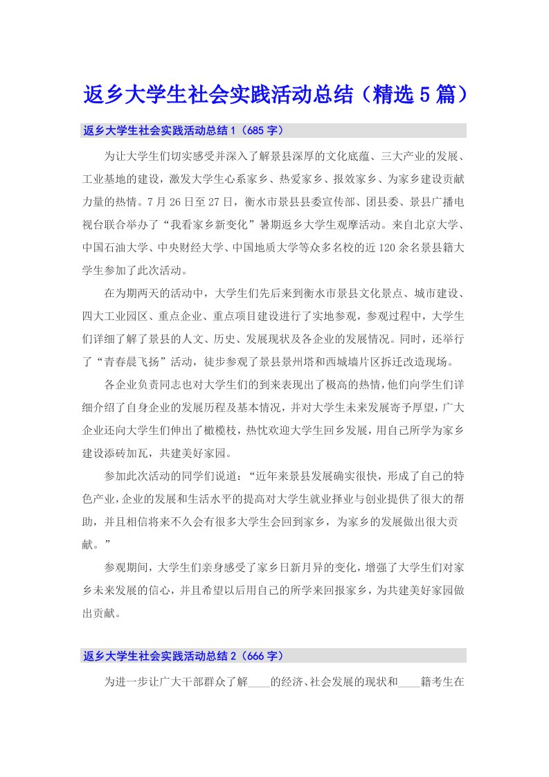 返乡大学生社会实践活动总结（精选5篇）