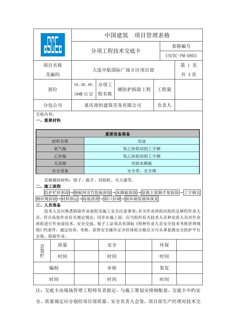 硬防护拆除重点技术交底卡