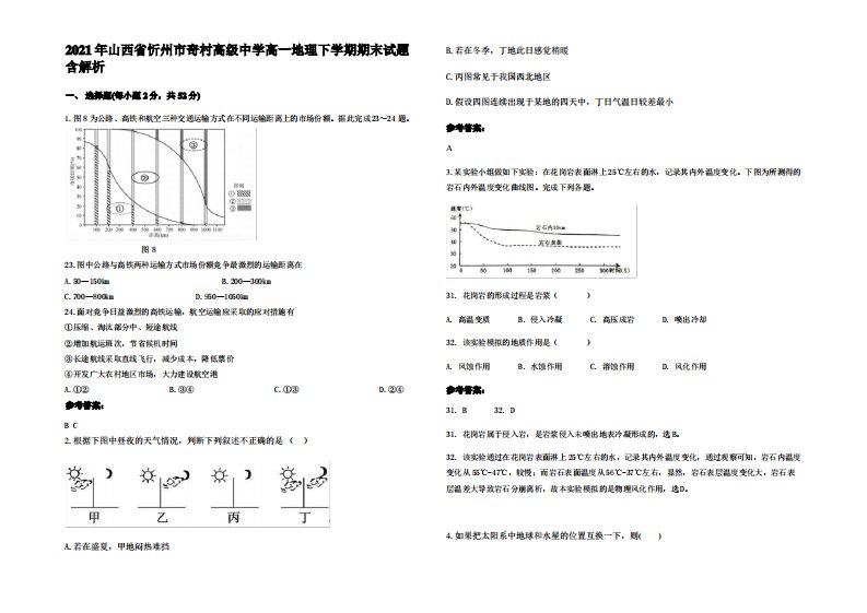 2021年山西省忻州市奇村高级中学高一地理下学期期末试题含解析