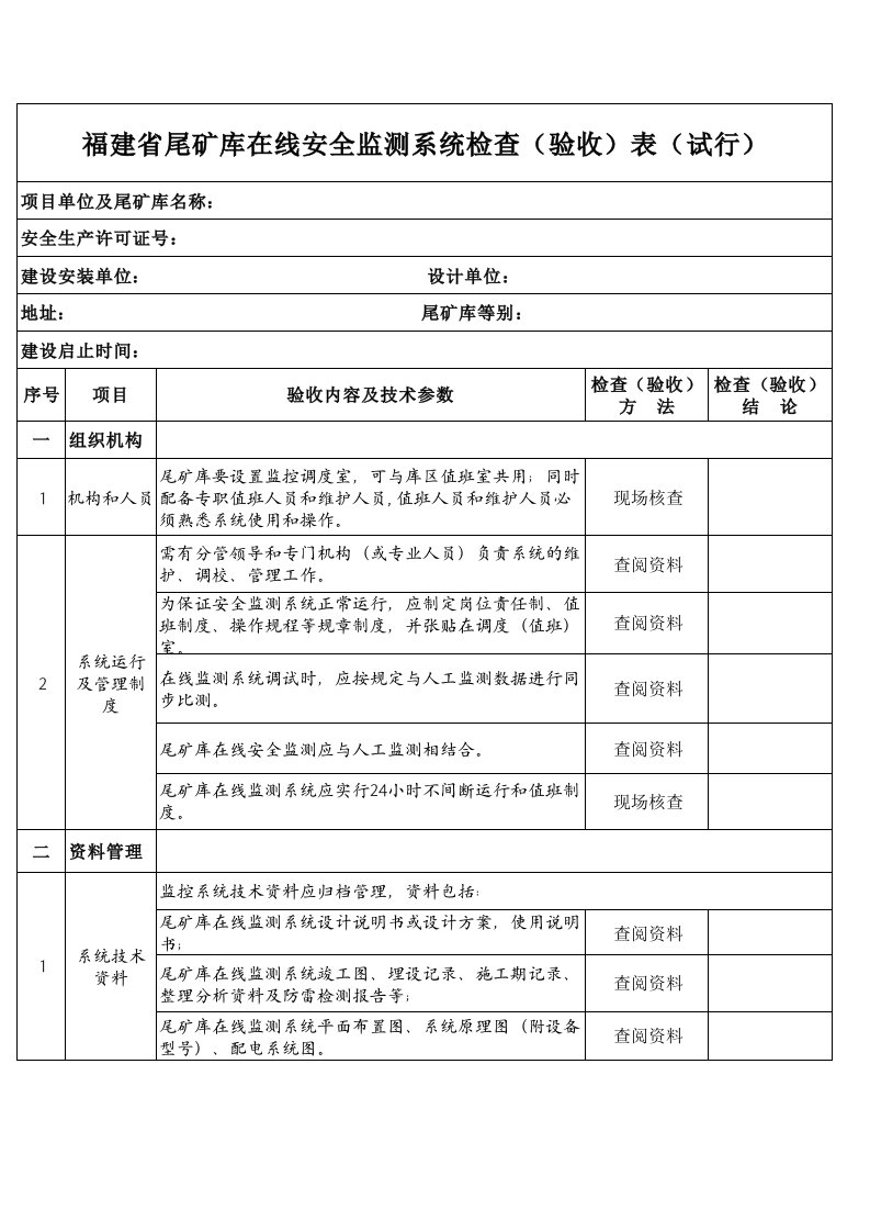 福建省尾矿库在线监测系统检查(验收)表(试行)