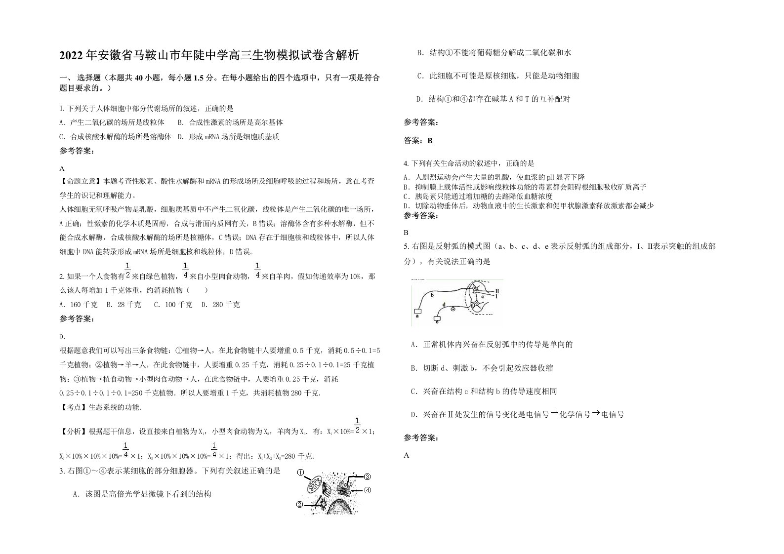 2022年安徽省马鞍山市年陡中学高三生物模拟试卷含解析