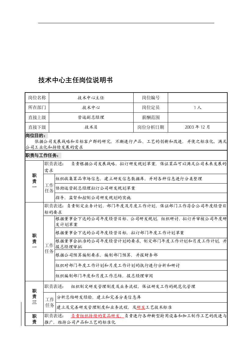 某餐饮企业技术中心主任岗位说明书(doc)