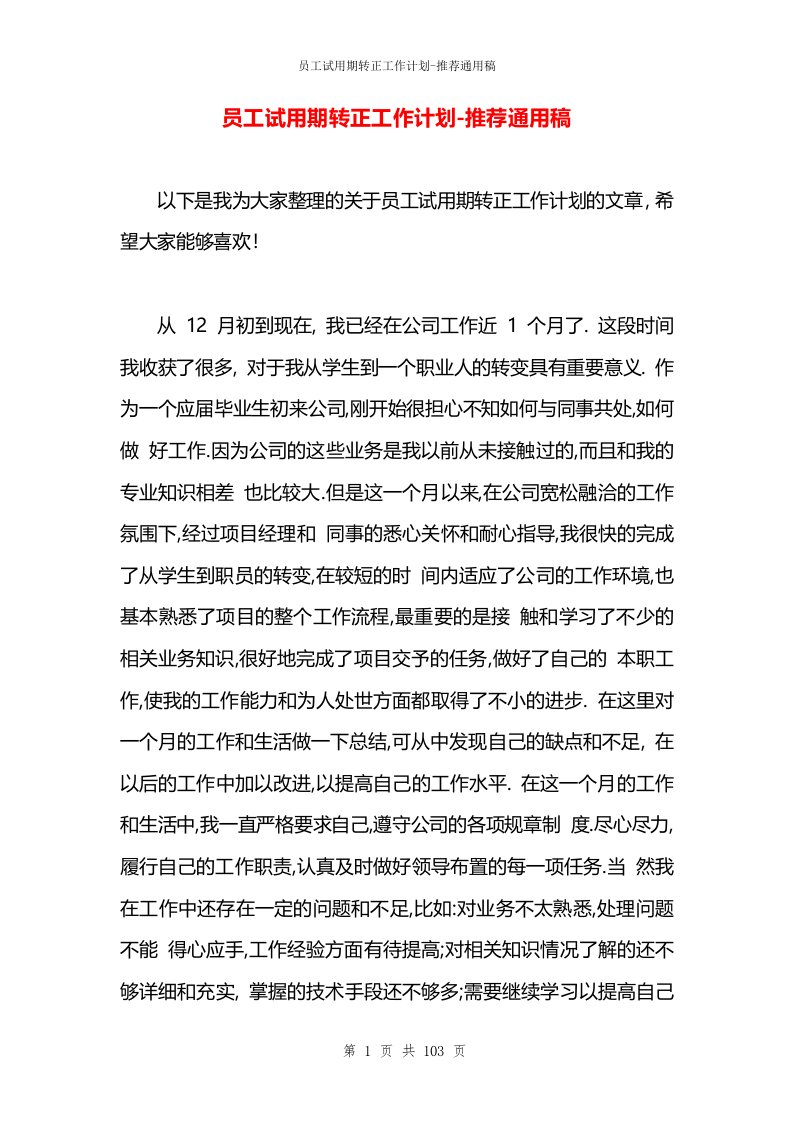 员工试用期转正工作计划