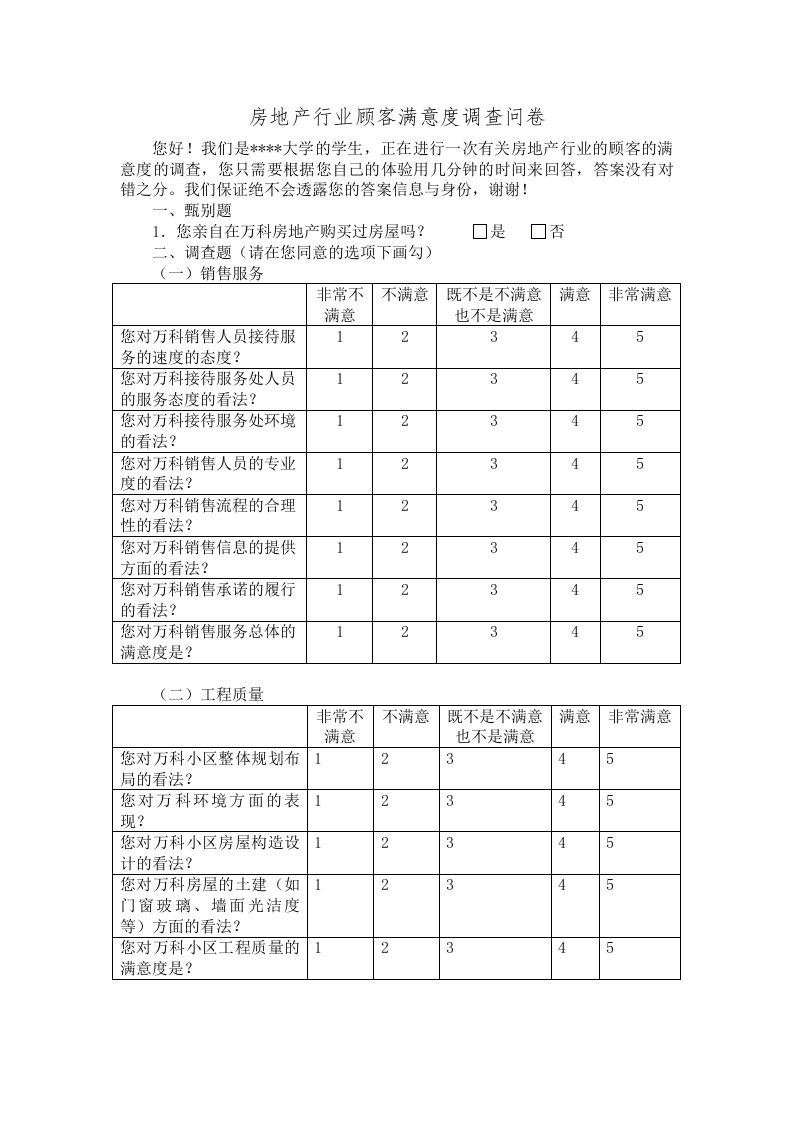 房地产行业顾客满意度调查问卷