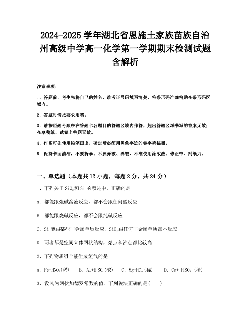 2024-2025学年湖北省恩施土家族苗族自治州高级中学高一化学第一学期期末检测试题含解析