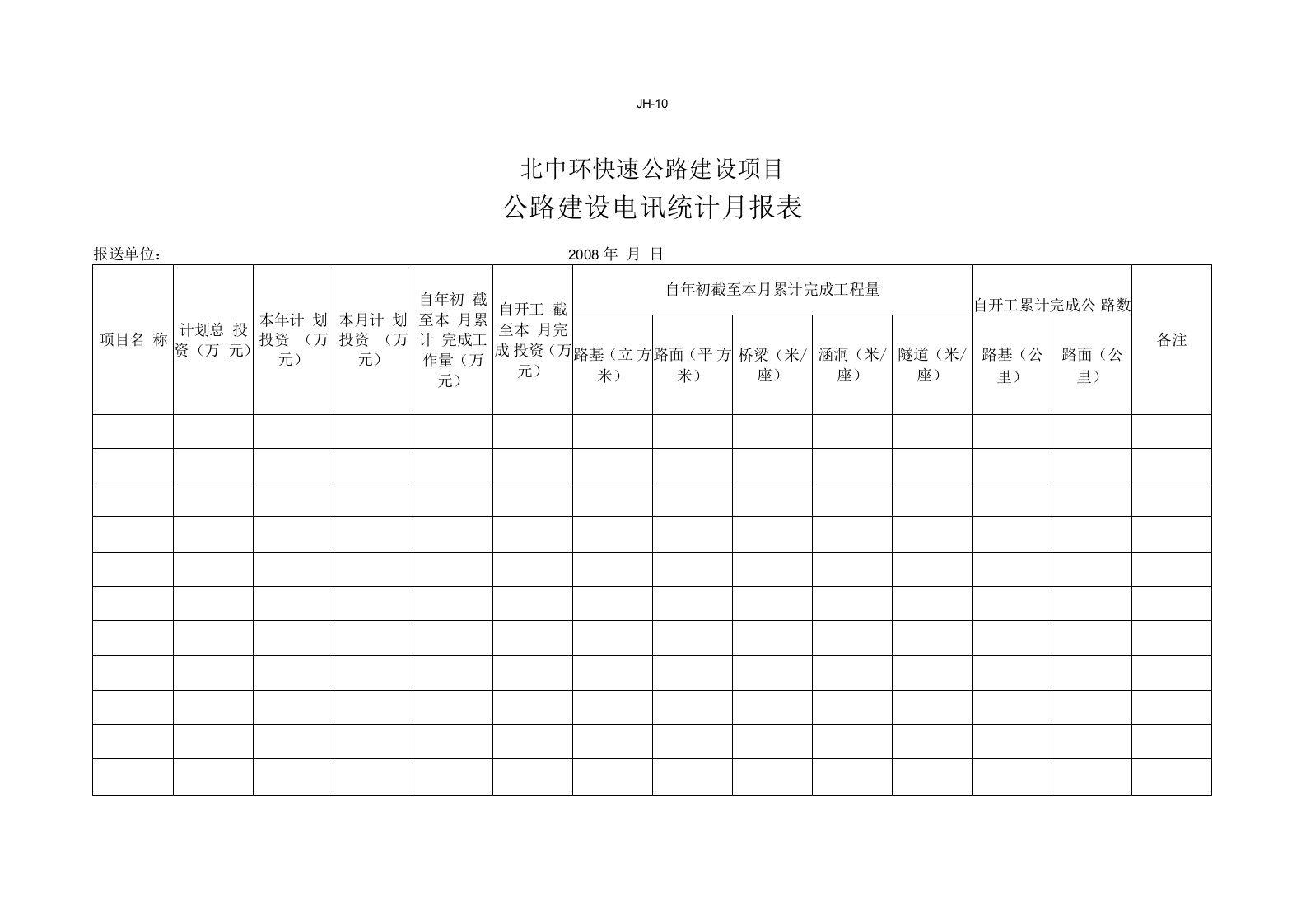 公路建设电讯统计月报表