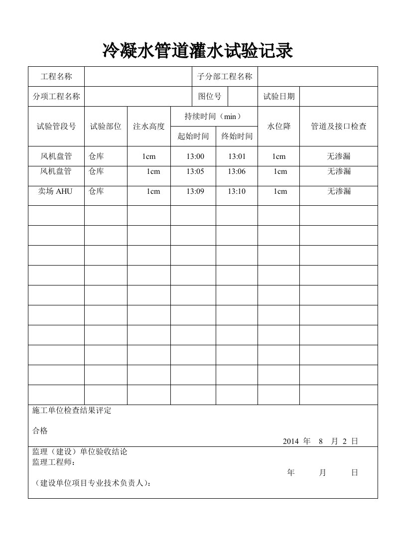 冷凝水管道灌水试验记录