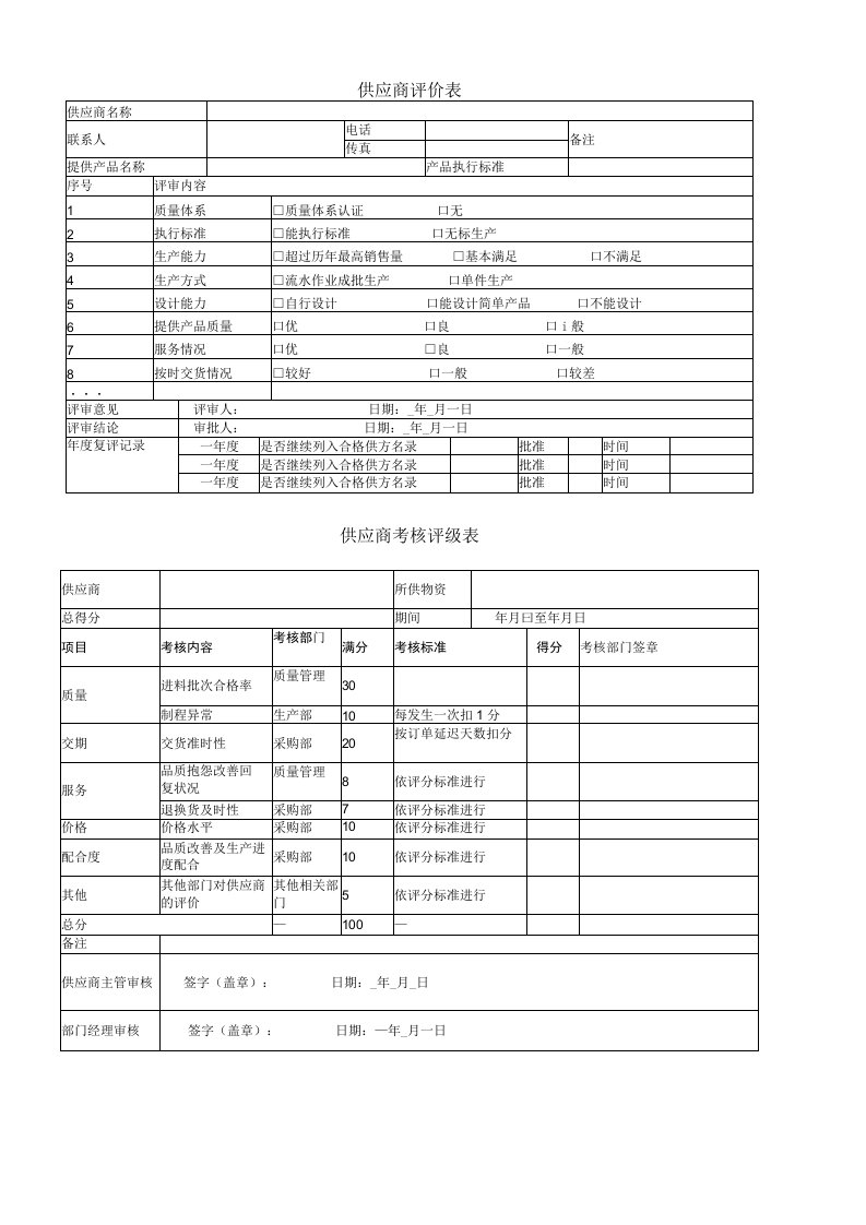 供应商退出制度评价表格