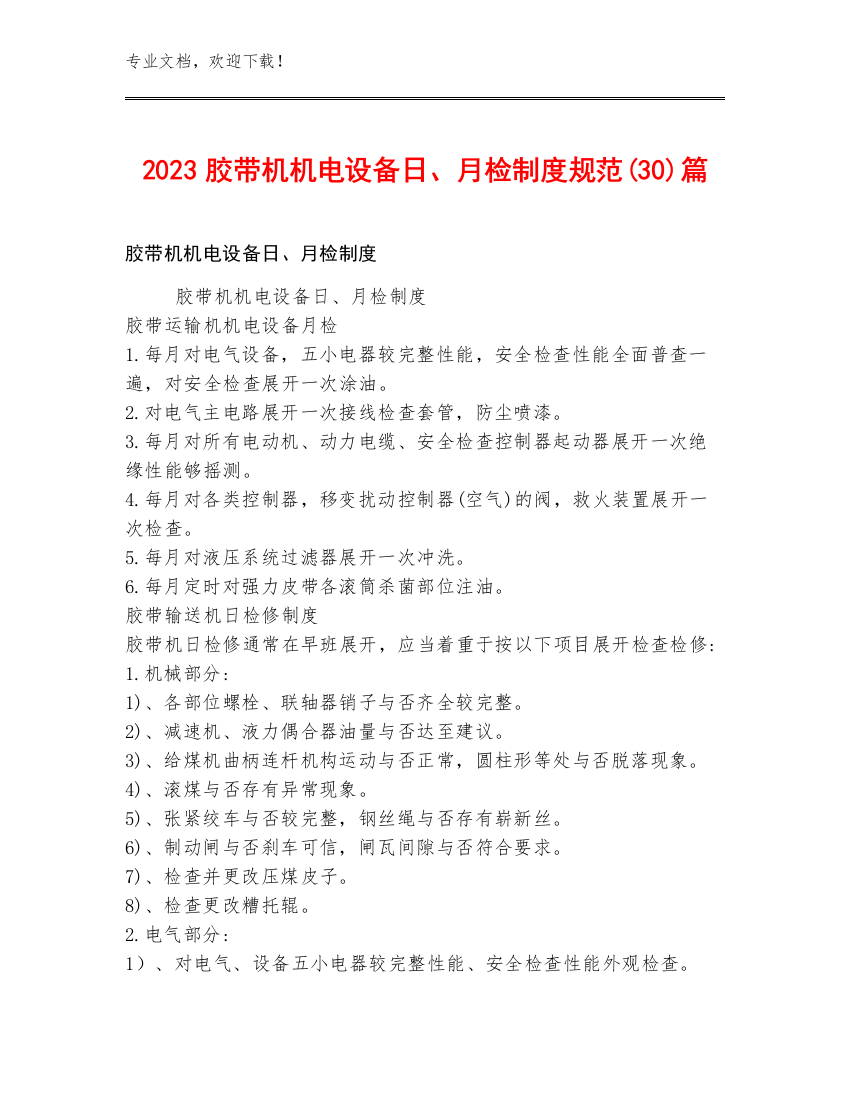 2023胶带机机电设备日、月检制度规范(30)篇