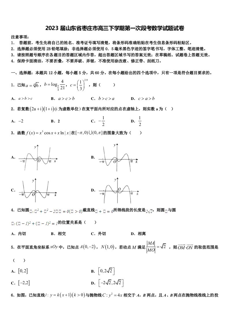 2023届山东省枣庄市高三下学期第一次段考数学试题试卷