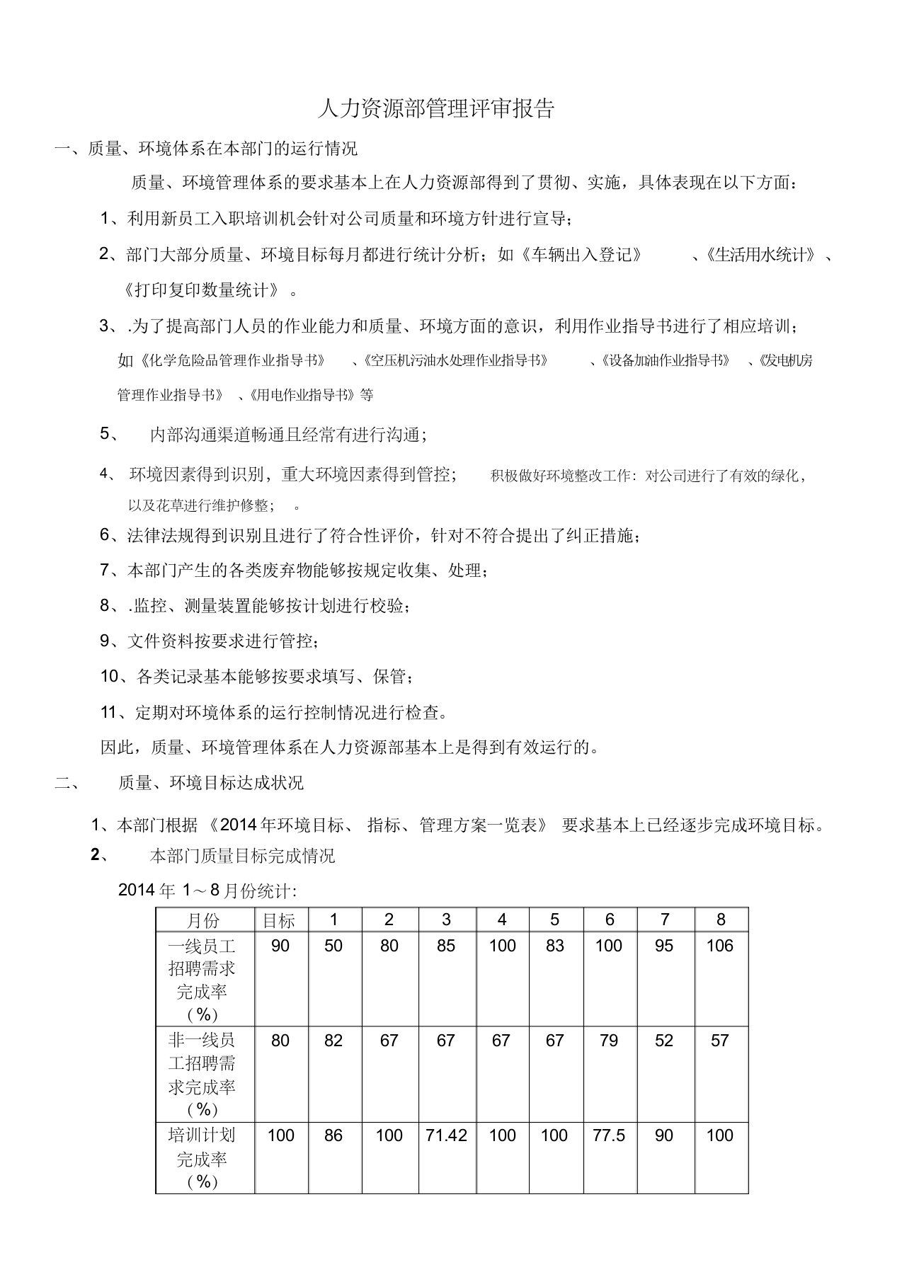 人力资源部管理评审报告