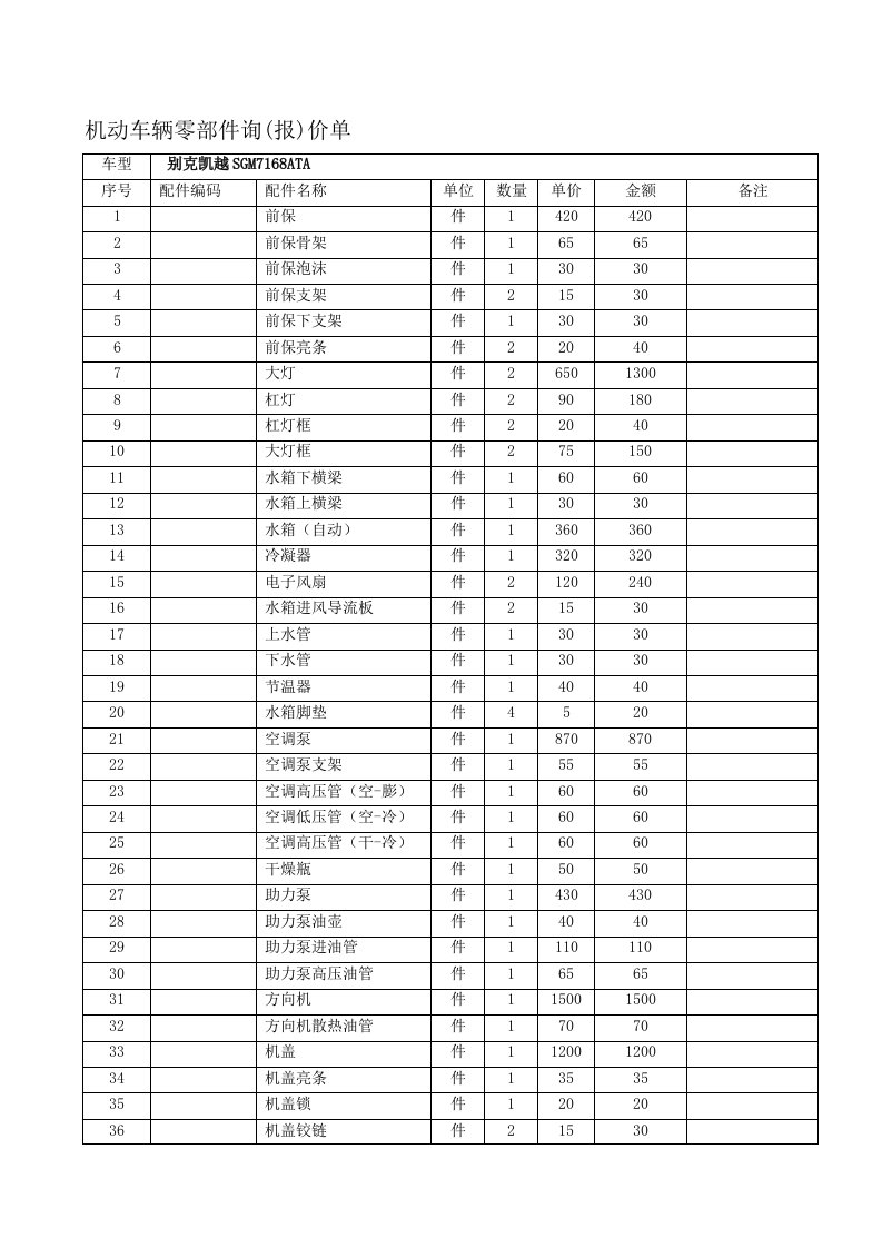 别克凯越SGM7168ATA配件价格