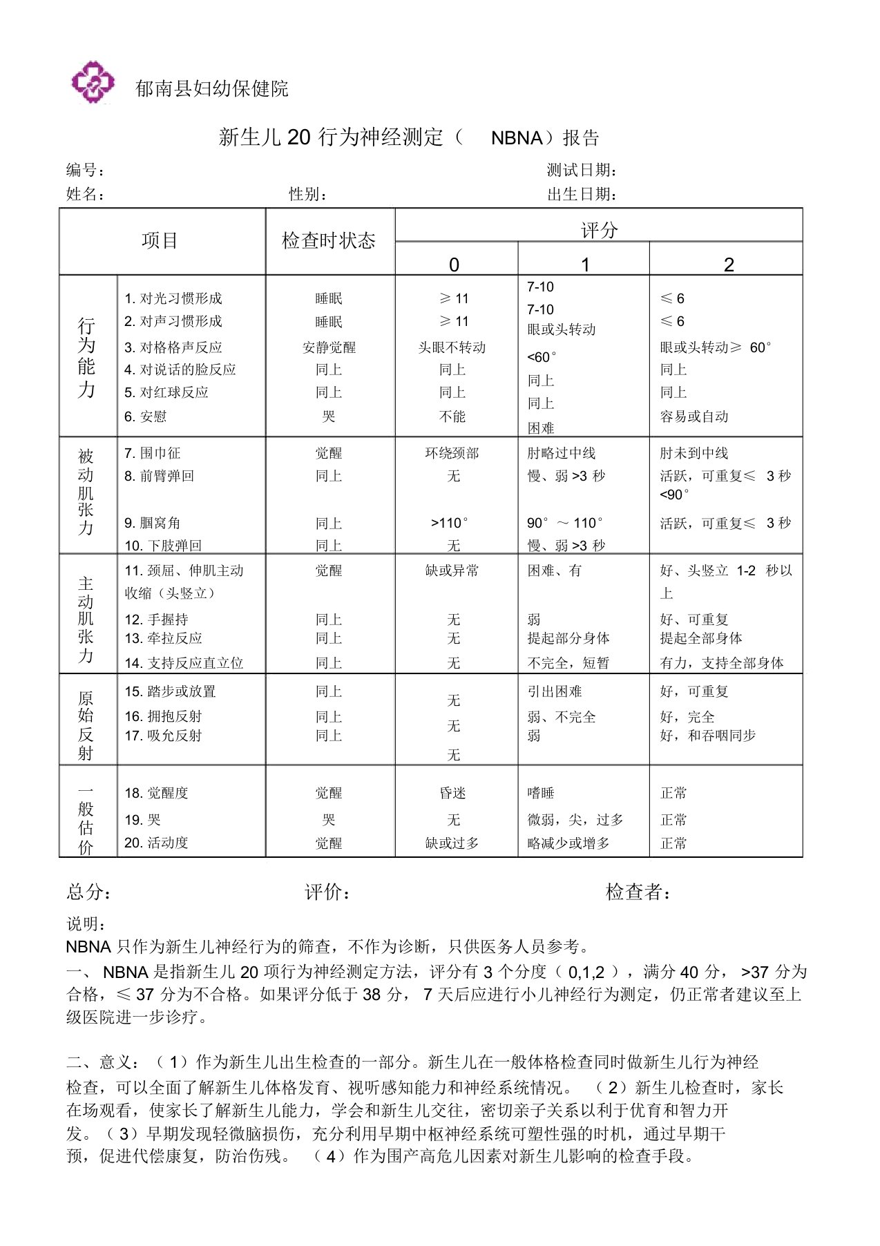 新生儿20行为神经测定(NBNA)