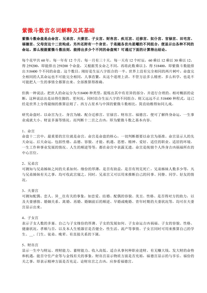 紫微斗数宫名词解释及其基础