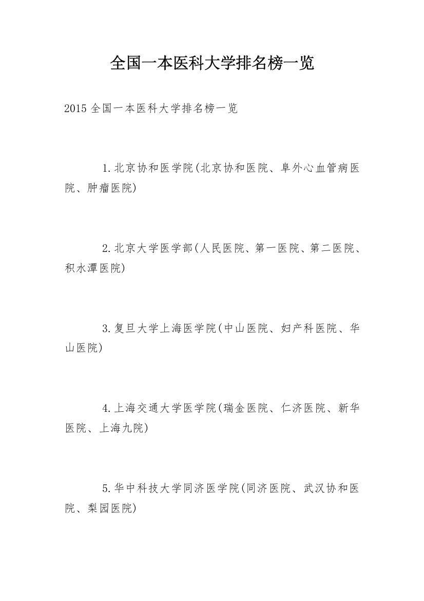 全国一本医科大学排名榜一览