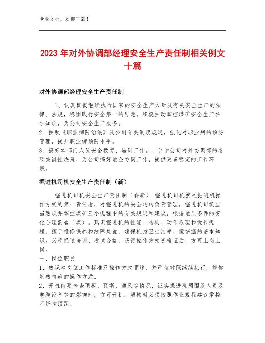 2023年对外协调部经理安全生产责任制例文十篇