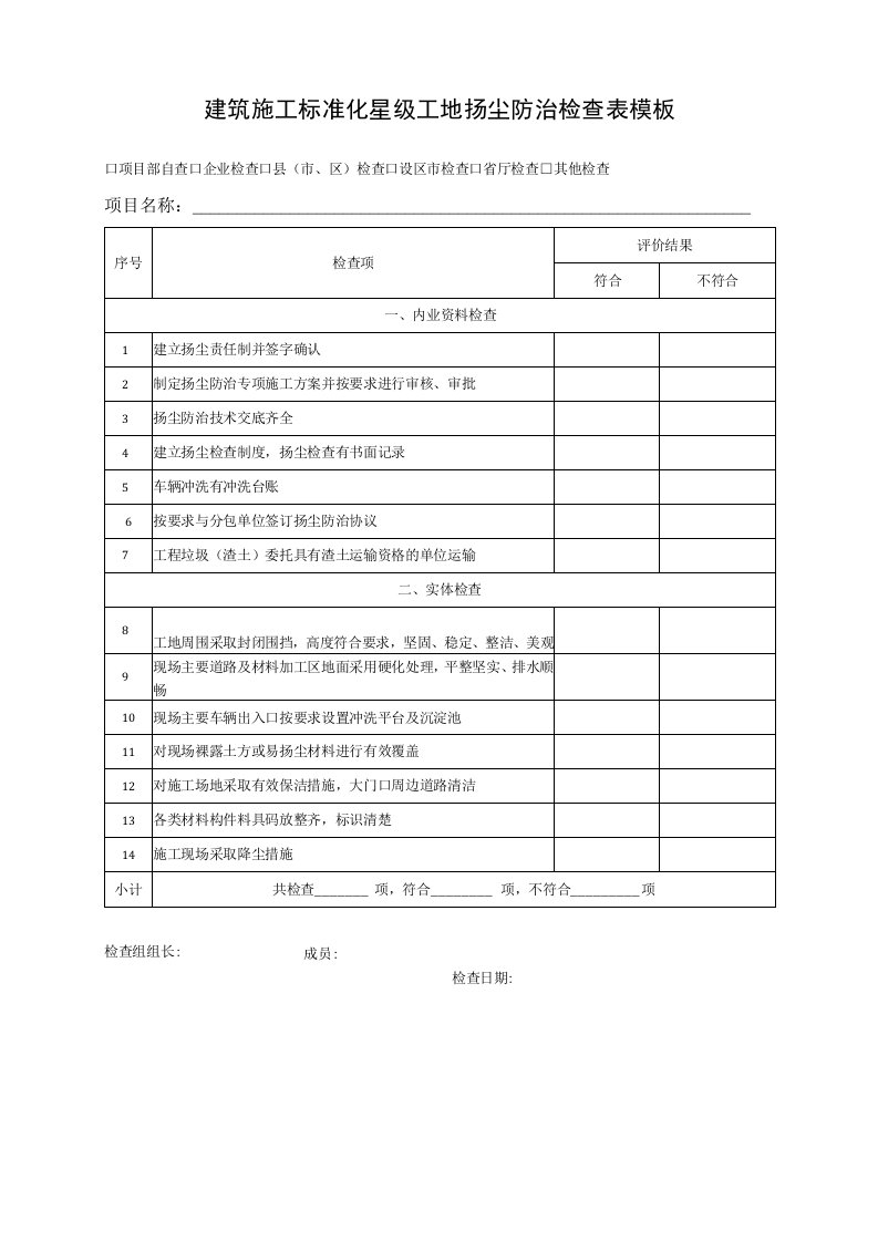 建筑施工标准化星级工地扬尘防治检查表模板