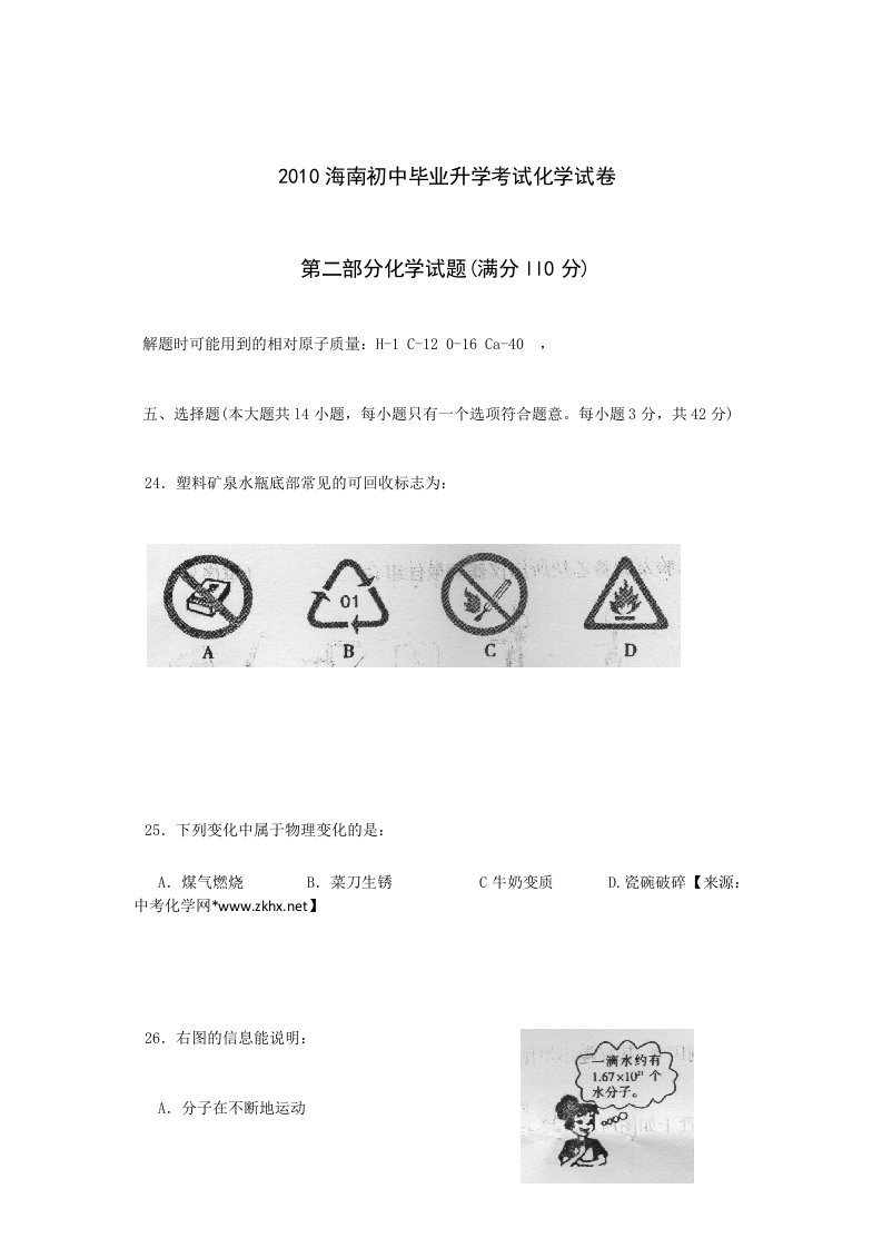 2010年海南省中考化学历年真题