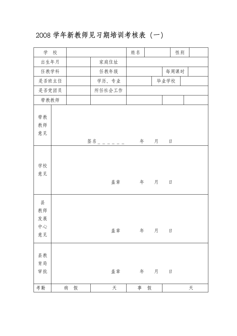 2008学年新教师见习期培训考核表(一)