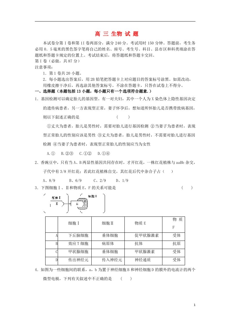 山东省莱芜市二中高三生物4月模拟考试试题新人教版