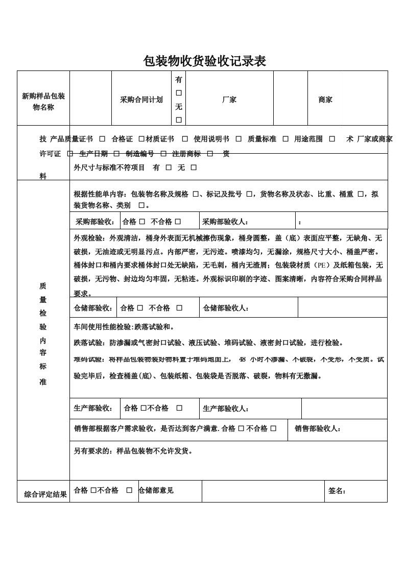 样品包装物检验验收记录表