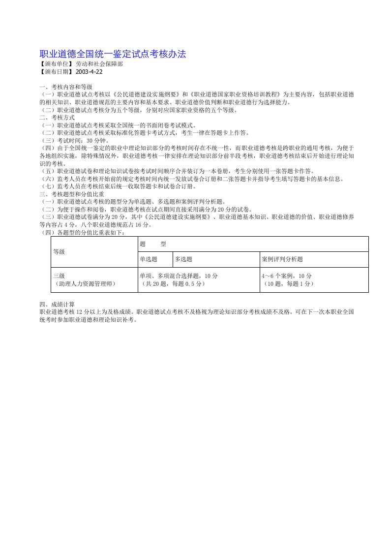 职业道德全国统一鉴定试点考核办法