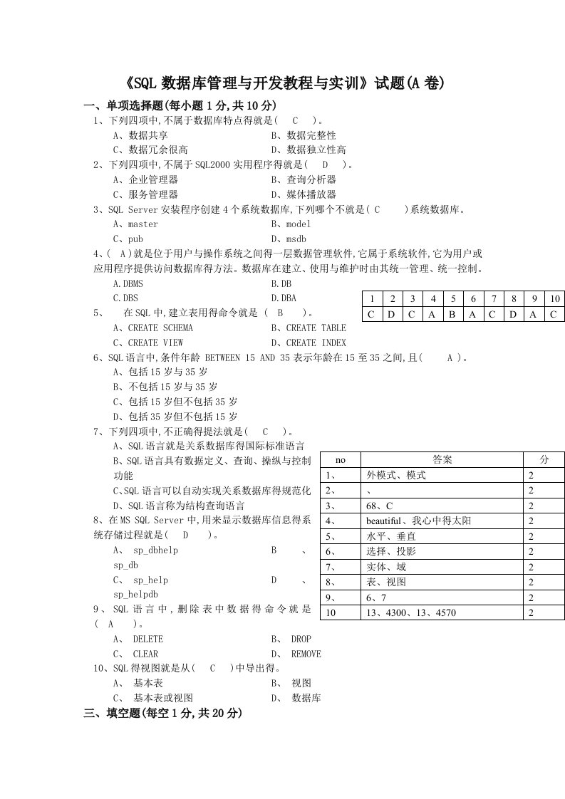 SQL试题(附答案)