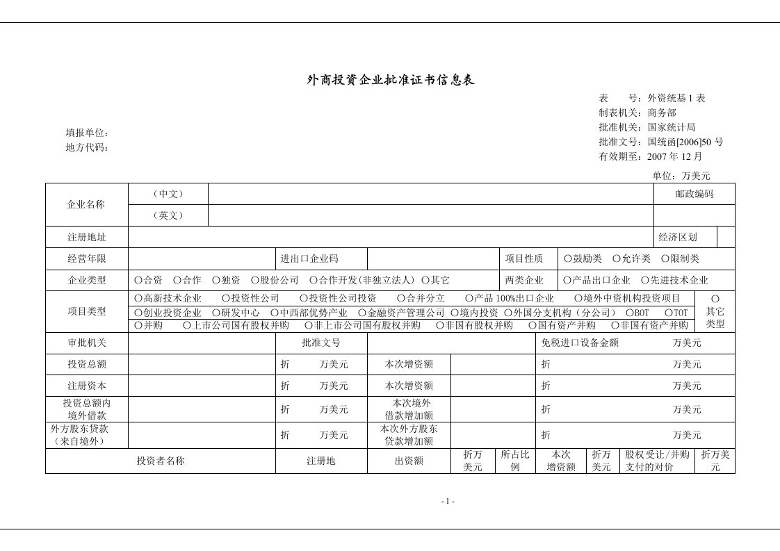 外商投资企业批准证书信息表