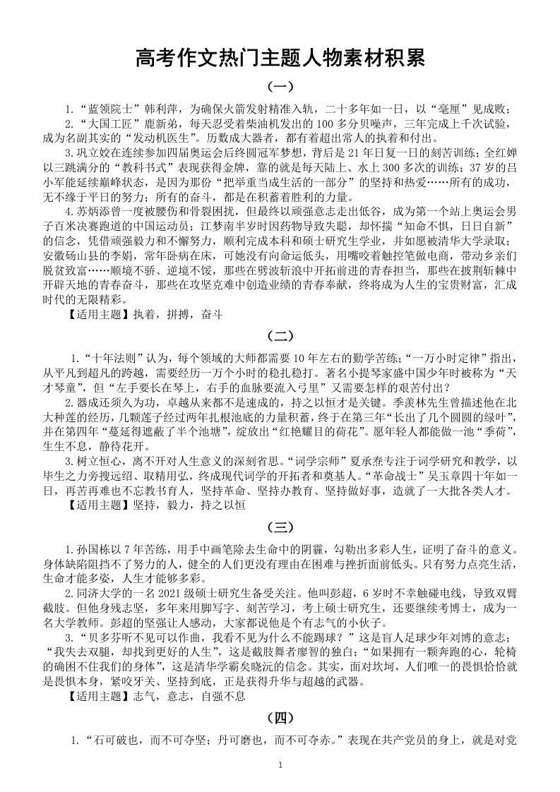 高中语文2023高考作文热门主题人物素材积累（共六组）