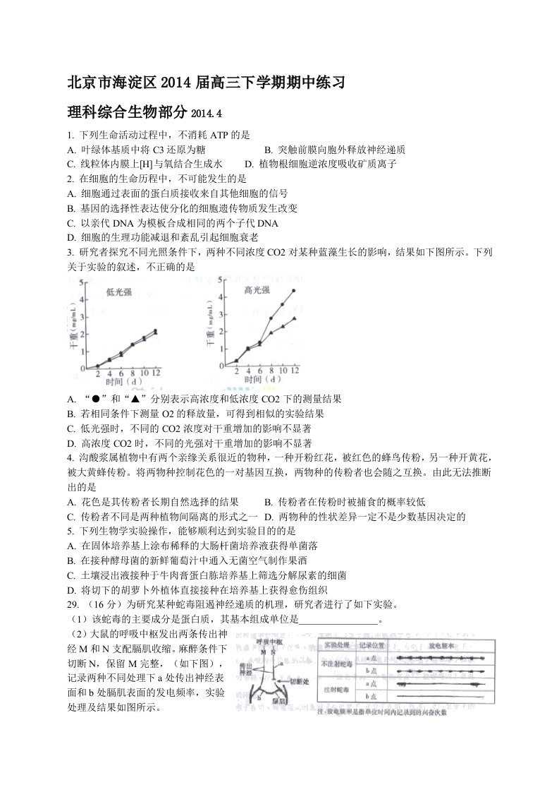 北京市海淀区高考理综一模试题附答案