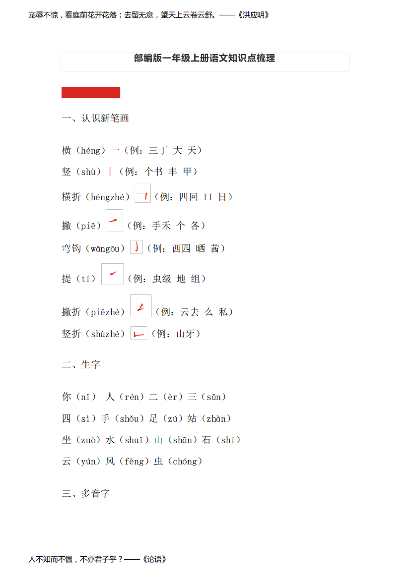 部编版1-6年级各单元知识梳理一年级上册语文知识点梳理