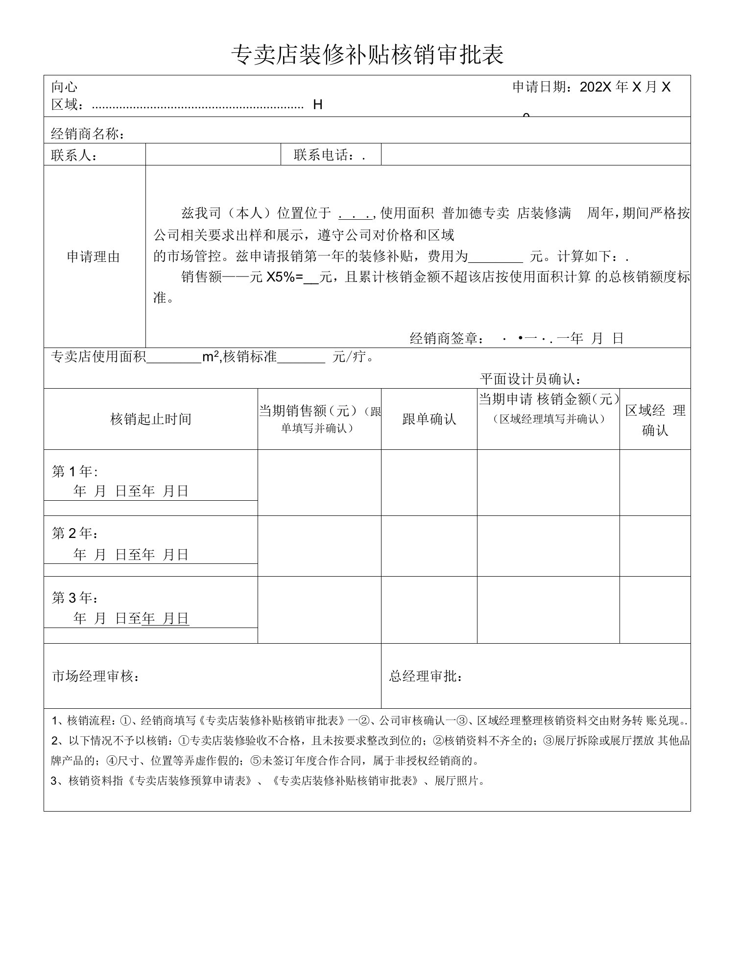 经销商专卖店装修补贴核销审批表