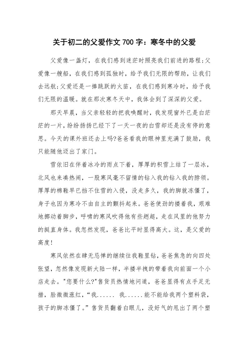 关于初二的父爱作文700字：寒冬中的父爱