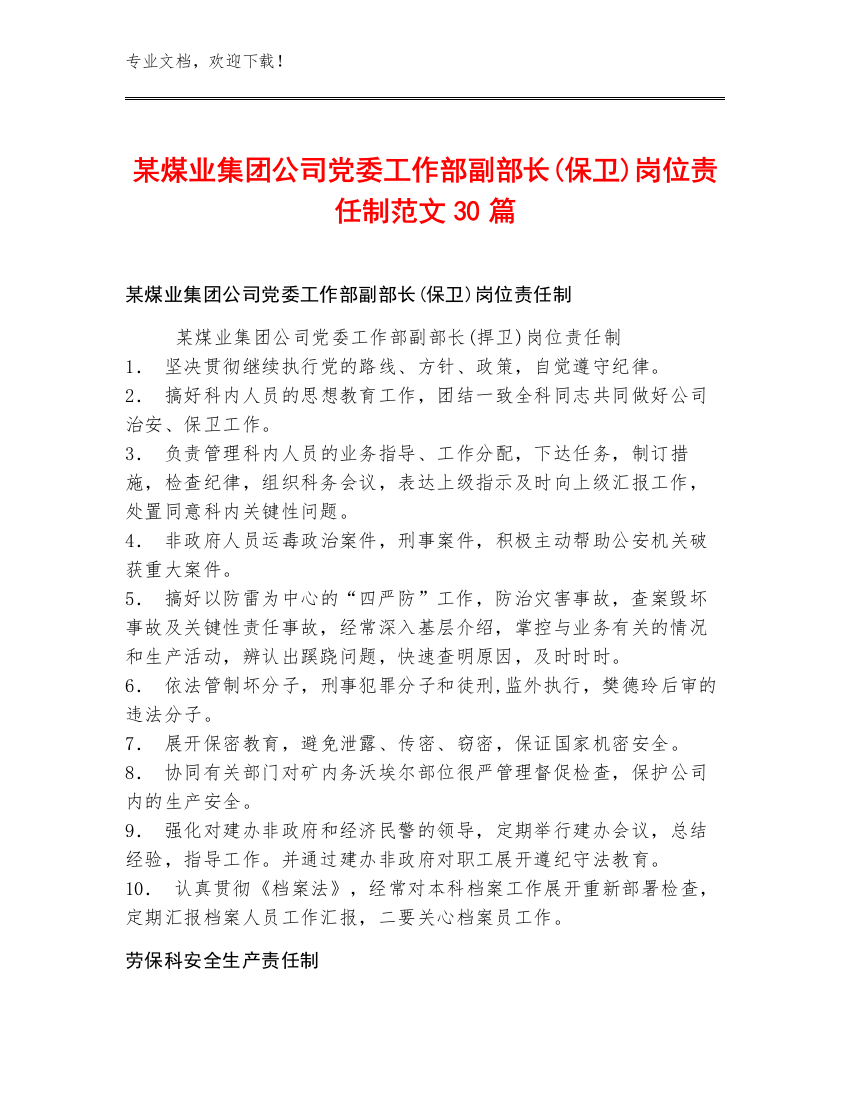 某煤业集团公司党委工作部副部长(保卫)岗位责任制范文30篇