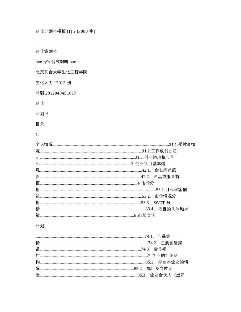 创业计划书模板23000字