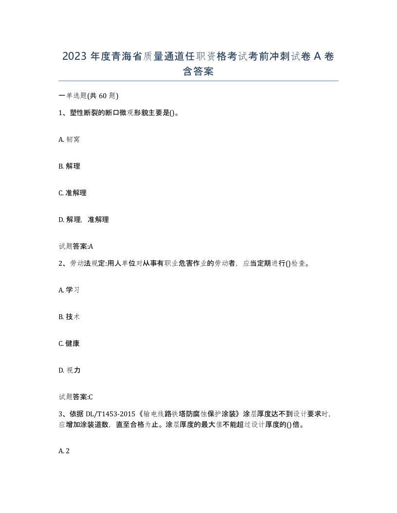 2023年度青海省质量通道任职资格考试考前冲刺试卷A卷含答案