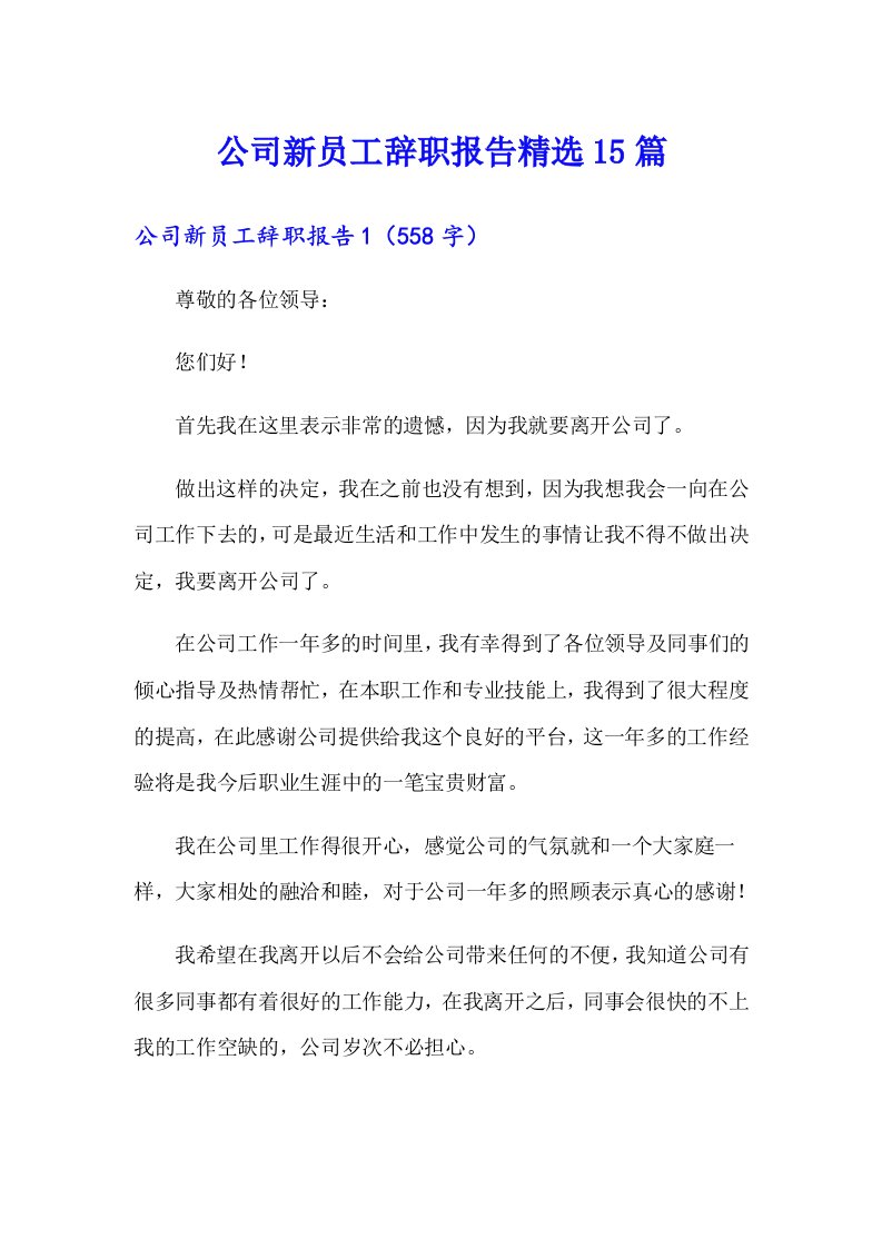 公司新员工辞职报告精选15篇